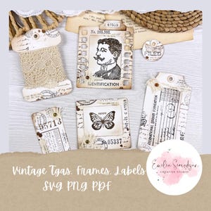 Pode incluir: Uma coleção de etiquetas, molduras e rótulos em estilo vintage. Os designs incluem uma borboleta, um retrato masculino e vários selos e texto. A paleta de cores é principalmente bege e creme, com uma estética envelhecida. O texto inclui "IDENTIFICATION".