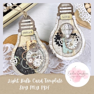 May include: Two light bulb-shaped card templates with a steampunk theme. One has the word "DREAM" and the other "LIVE". Each features gears, clocks, and a hot air balloon. The background is a vintage paper design. The text "Light Bulb Card Template SVG PNG PDF" is at the bottom.