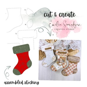 May include: Image shows a red and green Christmas stocking with a snowflake design, and a diagram of how to assemble it. The text "cut & create" and "Emilia Sieradzan CREATIVE STUDIO" are also visible. Three finished stockings are displayed.