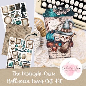 May include: A paper craft kit titled The Midnight Curio Halloween Fussy Cut Kit featuring sheets of die-cut stickers with illustrations of skulls, witch hats, pumpkins, spell books, potions, and bats in teal, brown, and cream colour palettes.