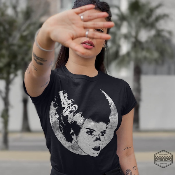 Bands 'n' Bones Dames Bride Of Frankenstein Movie Goth Dark Noir T-shirt