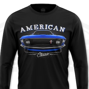 1969 Ford Mustang Tribute Men&#39;s Long Sleeve Shirt Black | American Muscle Car Fan Art Gift Idea | S-3XL | Made In USA