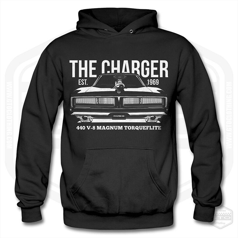 Supercharged V8 HEMI Petrolhead Hotrod Racing Magnum MOPAR Racing Dodge CHARGER 440 Classic Muscle Car Hoodie Mens Black