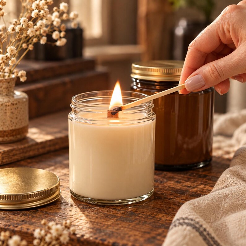 May include: A clear glass jar candle with white wax and a lit wooden wick. A wooden matchstick is held near the flame. Beside it sits a gold-colored metal lid and a second amber glass jar with a gold lid, both on a dark wooden surface.