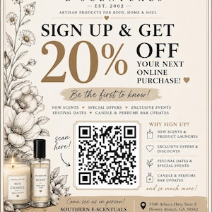 May include: A promotional flyer for Southern E-Scentuals featuring a 20% discount offer, a QR code, and floral illustrations. The text includes business details, social media handles, and a physical address for the shop located in Flowery Branch, GA.