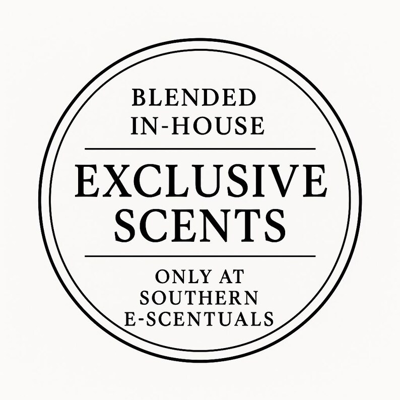May include: A circular black and white logo featuring the text BLENDED IN-HOUSE, EXCLUSIVE SCENTS, and ONLY AT SOUTHERN E-SCENTUALS. The design consists of a double-lined circular border enclosing the black text on a white background.