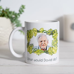 May include: White ceramic mug featuring a colourful illustration of David Attenborough surrounded by green leaves. The text "What would David do?" is printed on the bottom of the mug.