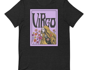 May include: A black t-shirt with a purple rectangle featuring the word "Virgo" in a retro font. Inside the rectangle is a drawing of a woman with long blonde hair, wearing a necklace and surrounded by colorful flowers.