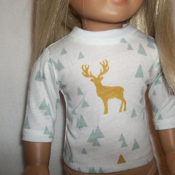 Gold glitter deer with green triangles tee -shirt  18 inch doll clothing /AG doll clothing