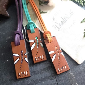 Handmade Leather Dragonfly Luggage Tag: Personalized Name Tags