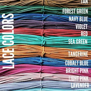 May include: A stack of colorful shoelaces in various shades, including black, brown, tan, forest green, navy blue, violet, red, sea green, tangerine, cobalt blue, bright pink, light pink, lavender, sky blue, yellow, and white. The text "LACE COLORS" is on the left.