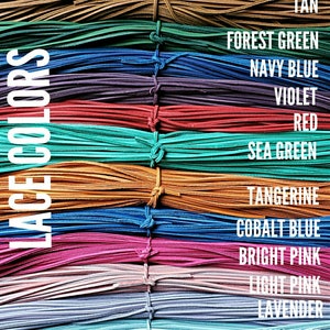 May include: A variety of leather laces in different colors, including black, brown, tan, forest green, navy blue, violet, red, sea green, tangerine, cobalt blue, bright pink, light pink, lavender, sky blue, yellow, and white. The laces are stacked on top of each other, with the color names written to the right of the image.