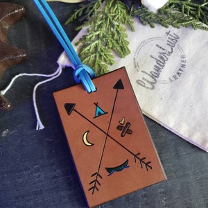 Handmade Leather Luggage Tag: Camping Themes