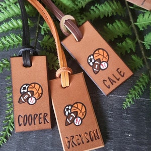 Handcrafted Leather Sports Bag Tags: Baseball, Football, Soccer