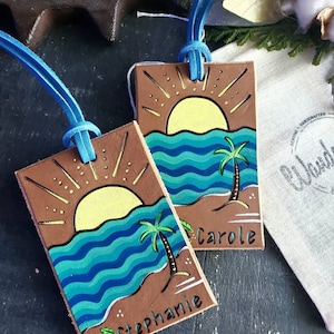 Handmade Leather Tropical Luggage Tag: Sunset Palm Tree Designs