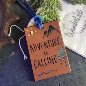 Handcrafted Leather Adventure Luggage Tag: Mountain Tree Designs
