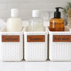 Leather Bathroom Labels for Bins | Shampoo Conditioner Body Wash Storage Tags