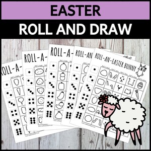May include: Five printable Easter-themed roll and draw game cards. Each card has a different Easter-themed image to draw, such as a bunny, a chick, and a basket of eggs. The cards are black and white and have a simple design.