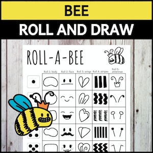 Puede incluir: Un juego imprimible para niños llamado "Roll-A-Bee" donde los jugadores tiran un dado y dibujan una parte de abeja según el número que salga. El juego incluye una cuadrícula con diferentes partes del cuerpo de la abeja, caras, alas, rayas y antenas.