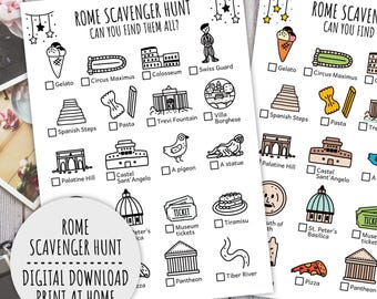 Rome Scavenger Hunt For Kids, Travel City Trip Treasure Hunt, Italy Family Vacation Activity Scavenger Hunt (Printable PDF in Color + B/W)