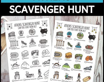Athens Scavenger Hunt For Kids, Travel City Trip Treasure Hunt, Greece Vacation (Printable PDF in Color + B/W)