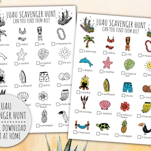 Luau Scavenger Hunt For Kids, Hawaiian Treasure Hunt And Tropical Aloha Summer Birthday Party Game (Printable PDF in Color + B/W)