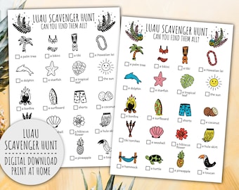 Luau Scavenger Hunt For Kids, Hawaiian Treasure Hunt And Tropical Aloha Summer Birthday Party Game (PDF imprimable en couleur + N/B)