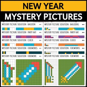 Op de afbeelding: Afbeelding met de tekst "NEW YEAR MYSTERY PICTURES". De afbeelding toont gepixelde oplossingen voor mystery pictures, waaronder ballonnen, feesthoeden, klokken, vuurwerk en raketten. De oplossingen worden weergegeven in een rasterformaat, waarbij elke pixel wordt weergegeven door een gekleurd vierkant.