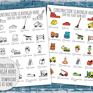 Construction Scavenger Hunt For Kids,  Builder Construction Truck Treasure Hunt, Construction Birthday Party (Printable PDF in Color + B/W)