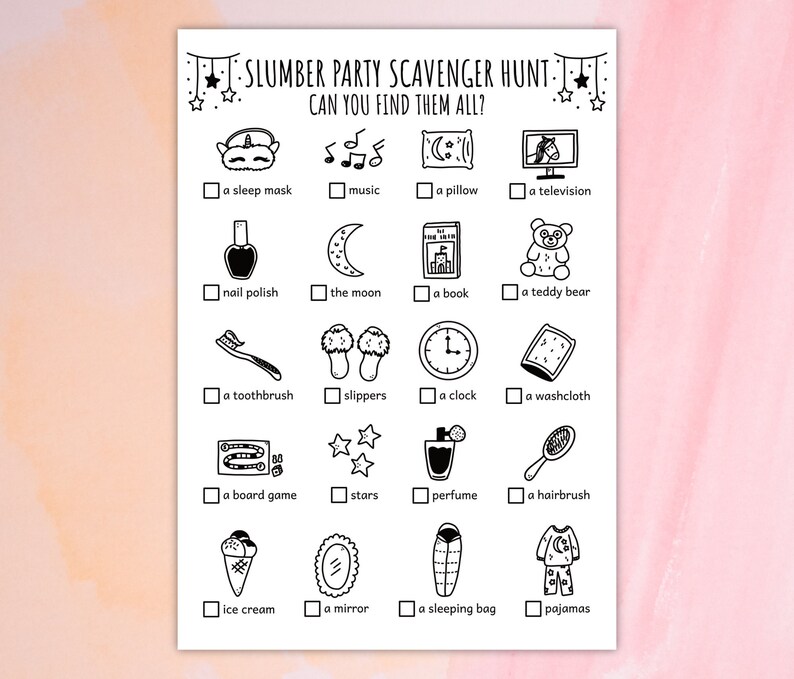Slumber Party Scavenger Hunt for Kids, Sleepover Treasure Hunt