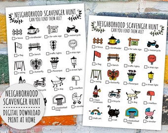 Neighborhood Scavenger Hunt For Kids, Outdoors Kids Activity, Printable Game And Neighbourhood Treasure Hunt (Printable PDF in Color + B/W)
