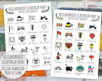 Neighborhood Scavenger Hunt For Kids, Outdoors Kids Activity, Printable Game And Neighbourhood Treasure Hunt (Printable PDF in Color + B/W)