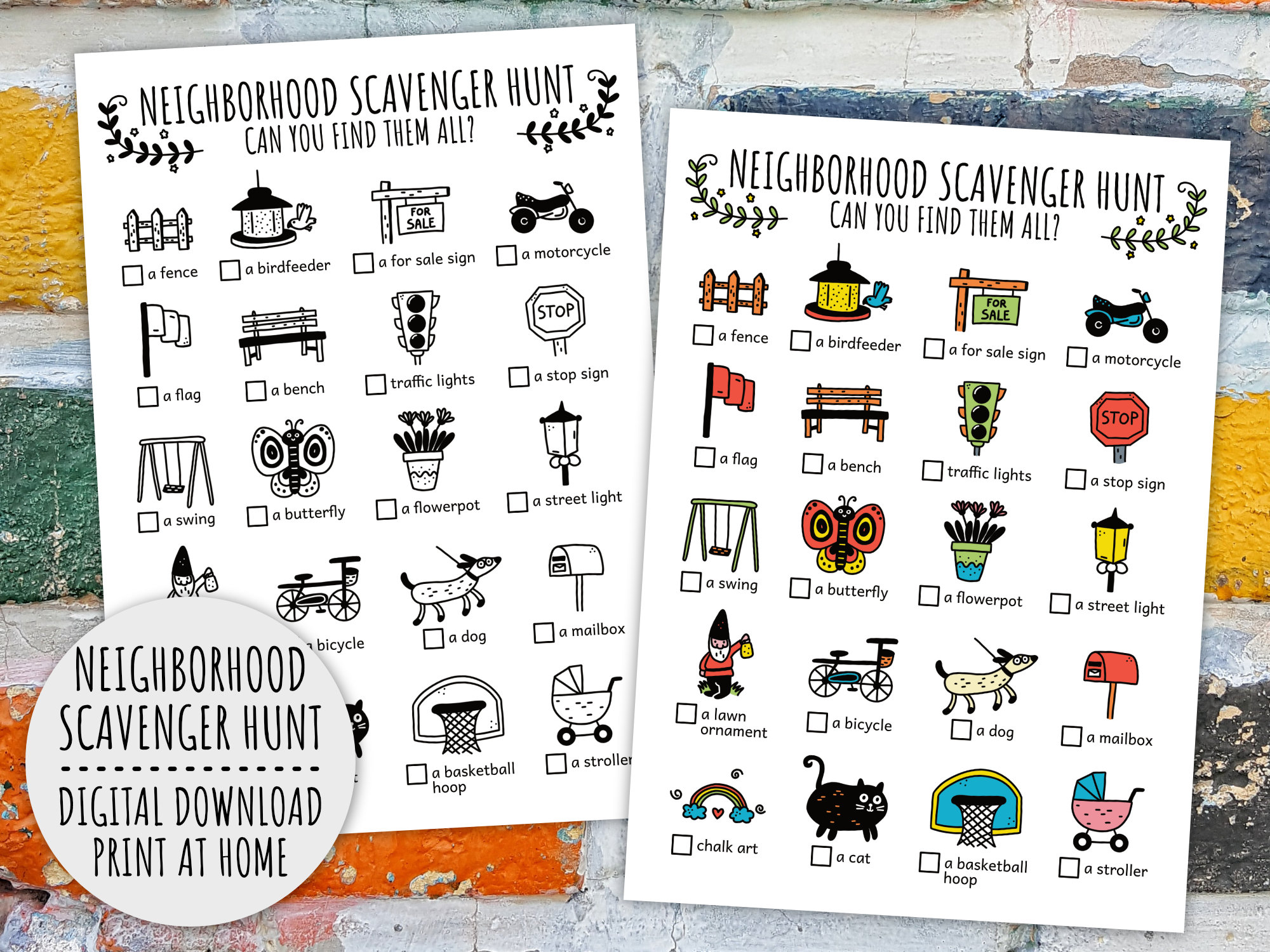 Neighborhood Scavenger Hunt For Kids, Outdoors Kids Activity, Printable Game And Neighbourhood Treasure Hunt (Printable PDF in Color + B/W)