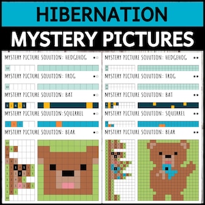 May include: A printable activity sheet with the words "HIBERNATION MYSTERY PICTURES" in blue and white. The sheet includes pixelated images of a hedgehog, frog, bat, squirrel, and bear, with corresponding solution keys.