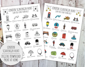London Scavenger Hunt For Kids, Travel City Trip Treasure Hunt, UK Family Vacation Activity Scavenger Hunt (Printable PDF in Color + B/W)