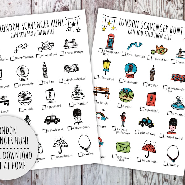 London Scavenger Hunt For Kids, Travel City Trip Treasure Hunt, UK Family Vacation Activity Scavenger Hunt (Printable PDF in Color + B/W)