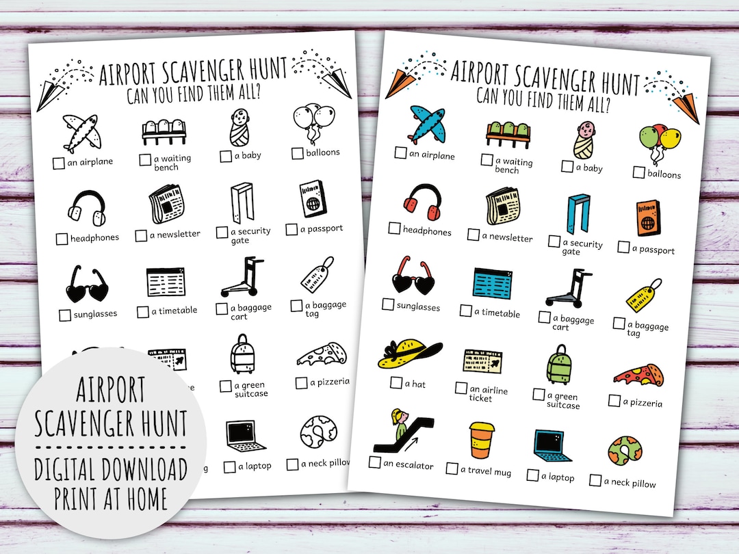 Airport Scavenger Hunt for Kids, Travel Treasure Hunt, Family Vacation and Airplane Scavenger Hunt (printable PDF in Color + B/W) - Etsy for Airport Scavenger Hunt Printable Free