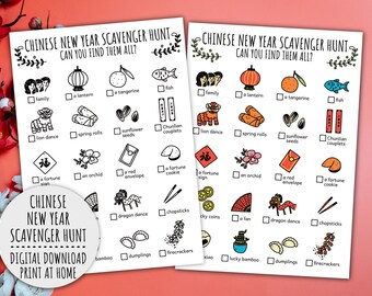 Chinese New year Scavenger Hunt For Kids, Lunar Treasure Hunt, Spring Festival Activity And Scavenger Hunt (Printable PDF in Color + B/W)