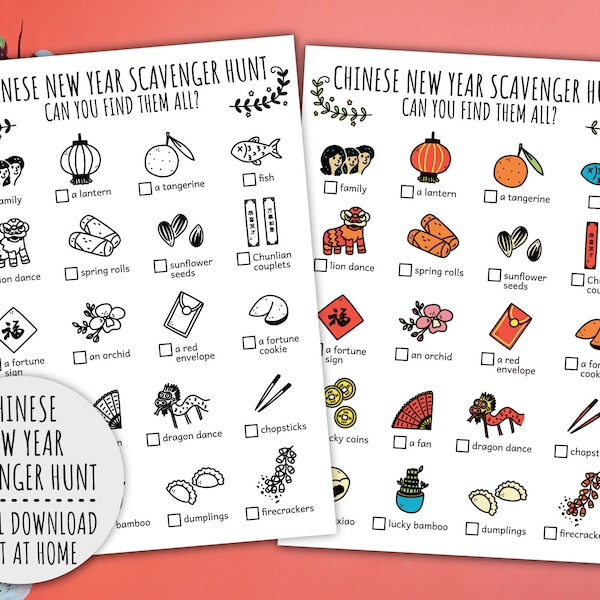 Chinese New year Scavenger Hunt For Kids, Lunar Treasure Hunt, Spring Festival Activity And Scavenger Hunt (Printable PDF in Color + B/W)