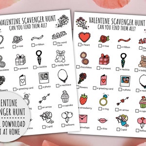 Valentine Scavenger Hunt For Kids, Romantic Treasure Hunt, Valentine day Activity And Love Scavenger Hunt (Printable PDF in Color + B/W)