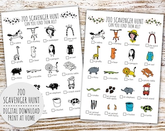 Zoo Scavenger Hunt For Kids, Zoo Treasure Hunt, Zoo Party Game And Wild Animals Scavenger Hunt (Printable PDF in Color + B/W)
