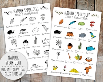 Natuur Speurtocht Voor Kinderen, Herfst Zoektocht, Nederlands Spel (afdrukbare PDF in kleur + Z/W)