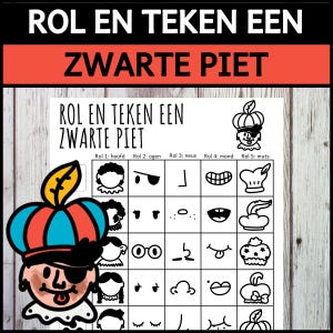 Puede incluir: Una hoja de actividades de dibujo holandesa con el texto "ROL EN TEKEN EEN ZWARTE PIET". La hoja presenta una cuadrícula con varios rasgos faciales y una ilustración de dibujos animados de un personaje con un sombrero colorido.