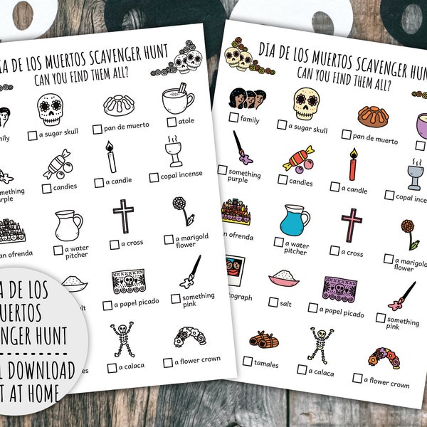 Dia De Los Muertos Scavenger Hunt For Kids, Mexican Treasure Hunt, Day of the Dead Family Activity And Game (Printable PDF in Color + B/W)