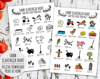 Farm Scavenger Hunt For Kids, Outdoor Kids Activities And Kids Birthday Barnyard Game (Printable PDF in Color + B/W)