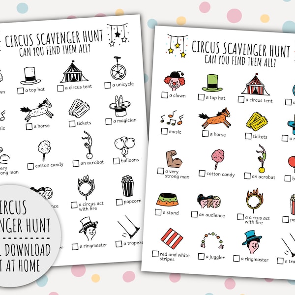 Circus Scavenger Hunt For Kids, Circus Treasure Hunt, Circus Birthday Party Activity And Carnival Game (Printable PDF in Color + B/W)