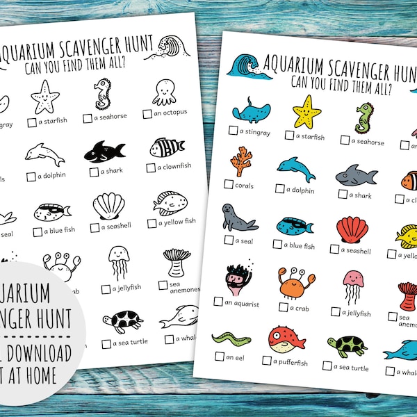 Aquarium Scavenger Hunt For Kids, Under The Sea Treasure Hunt And Ocean Scavenger Hunt For Children  (Printable PDF in Color + B/W)