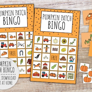 May include: Two orange and black printable pumpkin patch bingo cards with a free space and various images of pumpkins, hay bales, scarecrows, gourds, and other fall-themed items.  The cards are accompanied by a set of small orange and white pumpkin image cards.