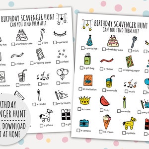Birthday Scavenger Hunt For Kids, Birthday Treasure Hunt And Birthday Party Game Checklist (Printable PDF in Color + B/W)