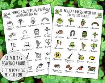 St. Patrick's Day Scavenger Hunt For Kids, St Patty's Treasure Hunt, St paddy's Day Family Activity And Game (Printable PDF in Color + B/W)